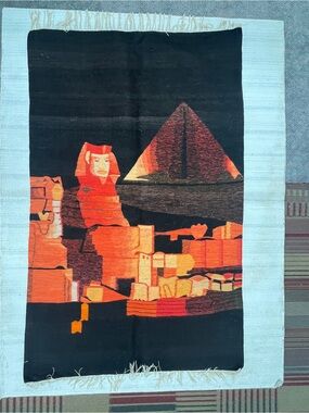 Handwoven Egyptian Sphinx & Pyramid Wall Hanging - Black & Orange 40x64”
